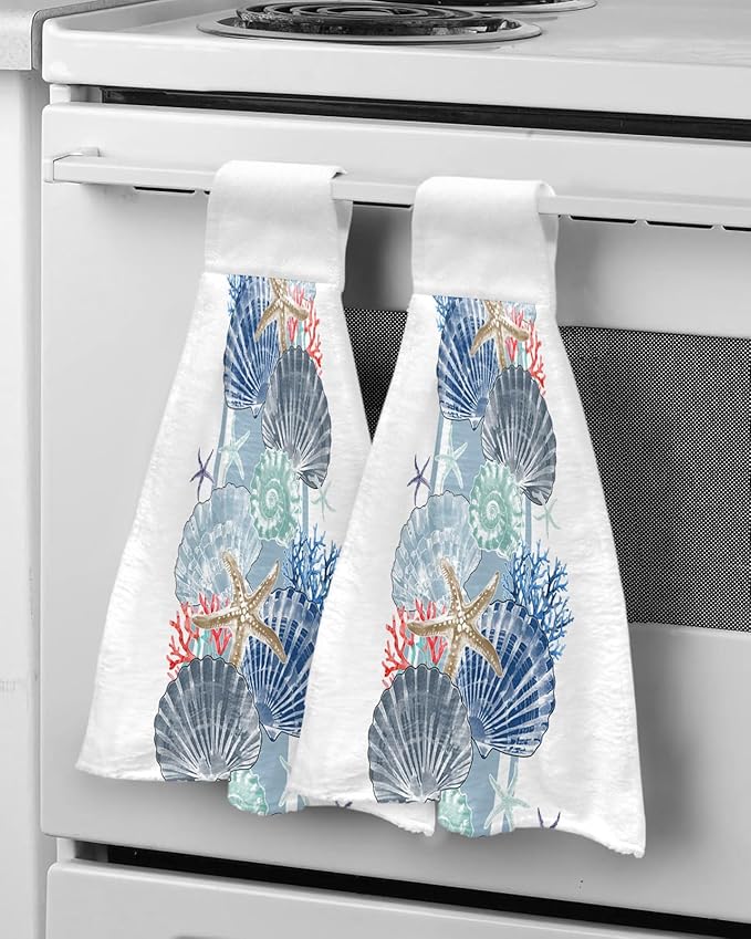 Alandar Home Kitchen Tie Towel Set of 1, Ocean Shells Starfish Coral Absorbent Soft Hand Towels for Bathroom Hanging Towels, Watercolor Marine Life Fast Drying Cleaning Cloth with Loop
