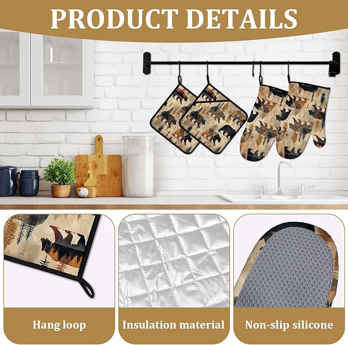 Vintage Rustic Bear Oven Mitts and Pot Holders Sets 4Pcs Forest Animal Silicone Kitchen Gloves Heat Resistant Potholders for Baking Cooking Grilling BBQ
