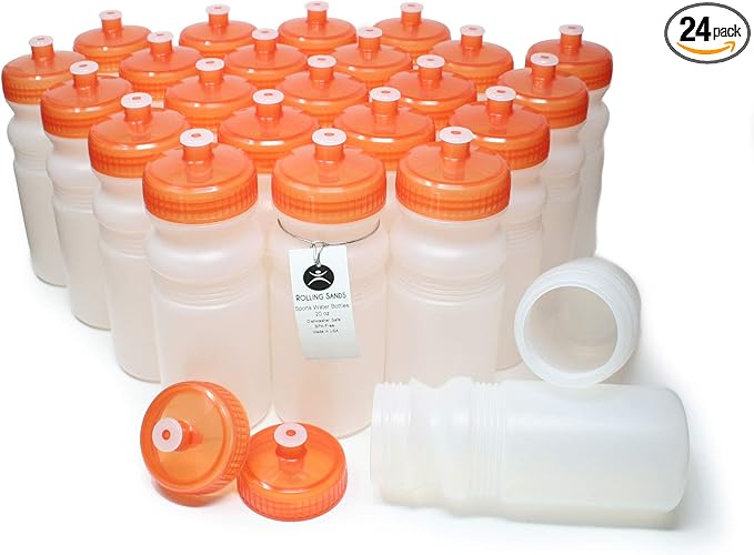 Rolling Sands Reusable Bulk Water Bottles 24 Pack - 20 Oz Sports Water Bottles, USA Made, BPA-Free, Wide Mouth for Easy Cleaning, Dishwasher Safe, Break Resistant - Clear Frost Bottle/Orange Lid