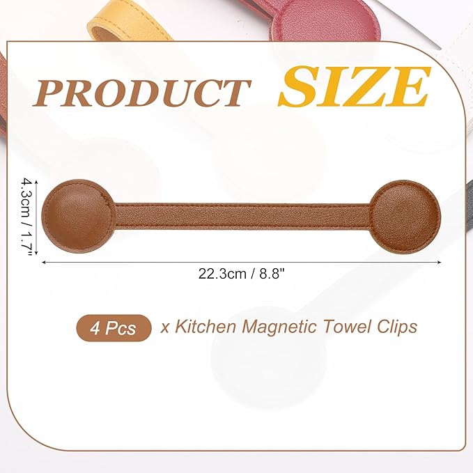 uxcell 4 Pcs Kitchen Magnetic Towel Clips, Leather Towel Holder Clip Multi-Purpose Hand Hooks Kitchen Accessories for Oven Handles Bars Racks, Brown