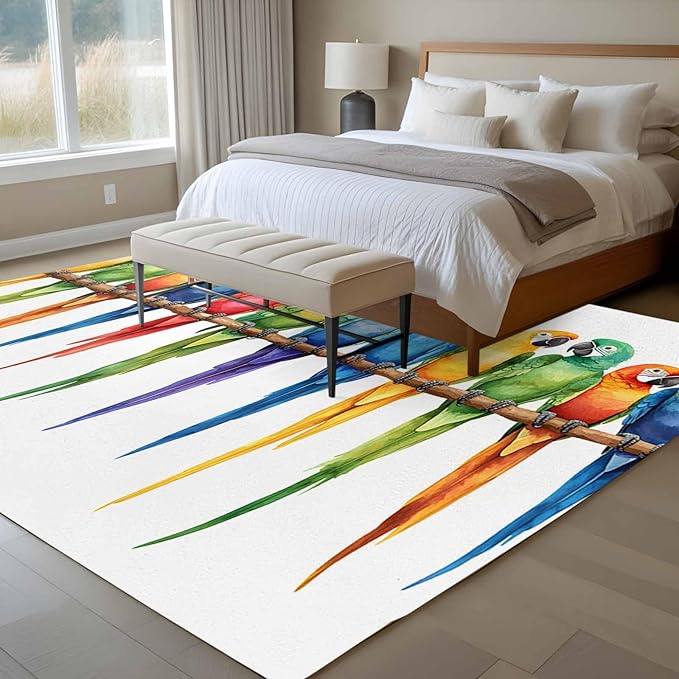 Area Rug 6x9ft, Funny Watercolor Parrot Washable Rugs for Living Room Bedroom, Red Green Blue Gradient Bird Soft Non-Slip Area Rugs Rectangle Floor Carpet for Dining Room