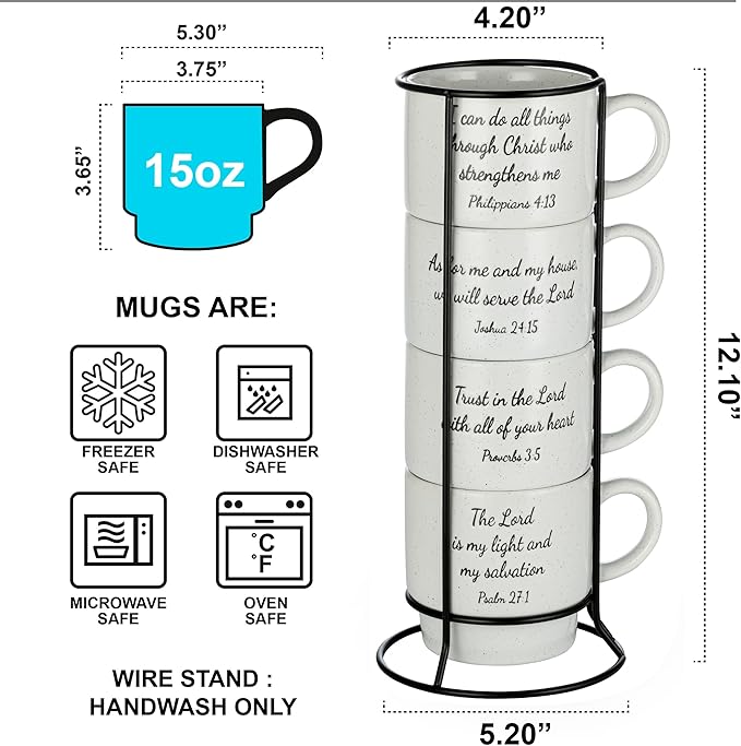 Signature Housewares Stackable Coffee Mug Tower Set with Metal Wire Rack - 15 Ounce Coffee Mugs for Coffee, Tea, Cocoa, Milk, Cappuccino, Hot Chocolate Set of 4 - Inspirational Bible Verses