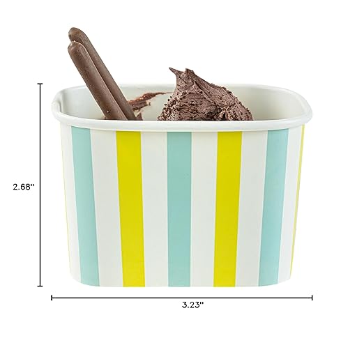 Restaurantware Paper Cups 200 Count 12 Ounce Square Disposable Ice Cream Containers, Leak-Resistant Paper Dessert To Go Cups, Hot And Cold Food, Durable Blue And Green Stripe Design