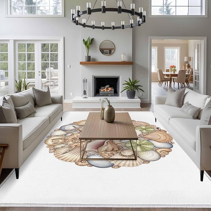 Area Rug 6x9ft, Coastal Colorful Shell Conch Washable Rugs for Living Room Bedroom, Modern Abstract Art Soft Non-Slip Area Rugs Rectangle Floor Carpet for Dining Room