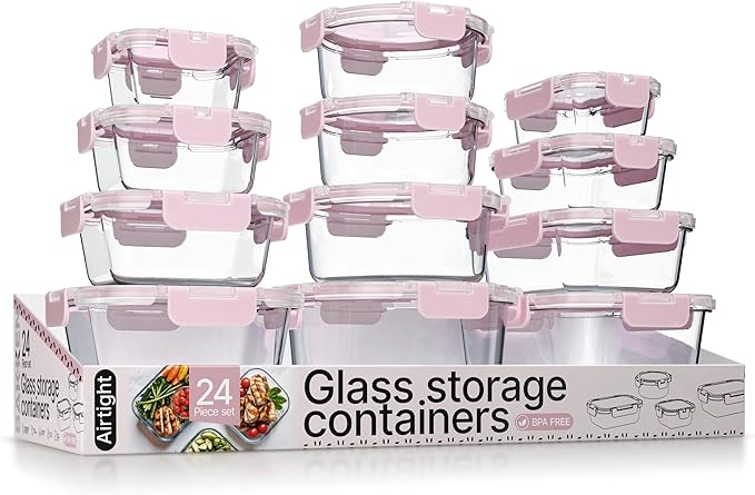 Bakken Borosilicate Glass Food Storage Containers with Lids 24 Pieces, BPA-Free Stackable Lunch & Leftover Containers, Microwave, Freezer & Dishwasher Safe, 100% Airtight Leak-Proof, Pink