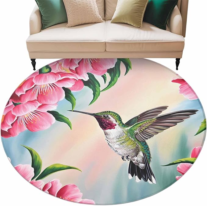 Washable Round Area Rug Hummingbird Flower Peach Blossom Circle Rugs Floor Carpet for Living Room Bedroom, Nature Oil Painting Art Soft Non Slip Round Rug 5ft