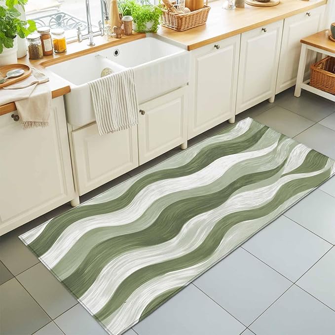 Runner Rug for Bedroom Hallway, Modern Sage Green Gradient Stripe Kitchen Runner Rugs Area Rug 2x6ft, Abstract Ocean Wave Washable Soft Floor Carpet for Entryway Stair