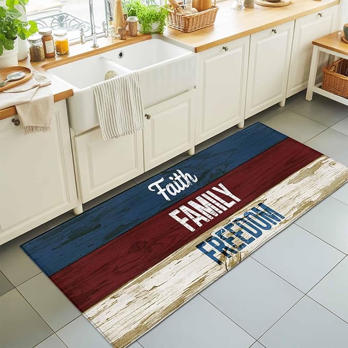 Runner Rug for Bedroom Hallway, Independence Day USA Flag Kitchen Runner Rugs Area Rug 2x6ft, Vintage Wooden Grain Washable Soft Floor Carpet for Entryway Stair