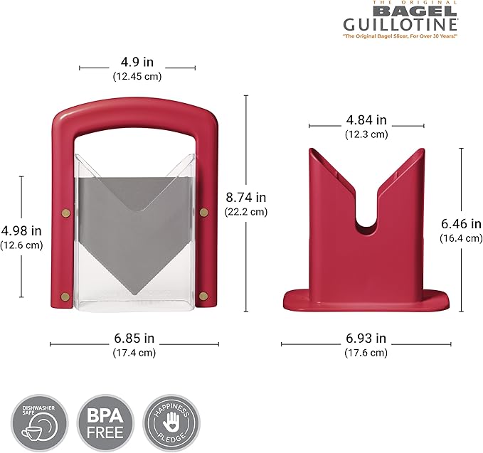 Hoan Bagel Biter Slicer and Cutter with Safety Shield - Serrated Blade Cuts Bagels, Muffins, Buns and Rolls - Dishwasher Safe Bagel Guillotine, 9.25 Inches Tall, Red
