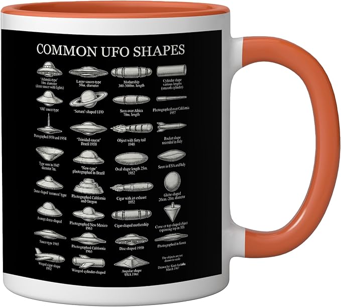 Common UFO Shapes Vintage Chart Alien Flying Saucer Ceramic Mug, Orange/White