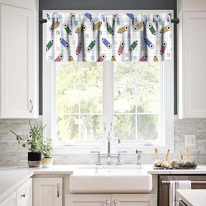 Colorful Pencil Valance Curtain, Back to School Cartoon Fun Crayon Study Painting Short Window Treatment for Kitchen Bedroom School Classroom, 54x18Inch