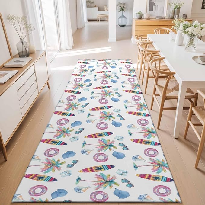 Runner Rug for Bedroom Hallway, Summer Surfboard Coconut Tree Kitchen Runner Rugs Area Rug 2x6ft, Tropical Seamless Pattern Washable Soft Floor Carpet for Entryway Stair