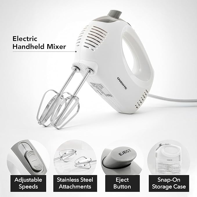 OVENTE 5-Speed Corded Electric Hand Mixer with Stainless Steel Whisks, Compact Portable Design with Snap-On Storage Case,150W Lightweight Handheld Mixer for Baking & Cooking, White HM151W