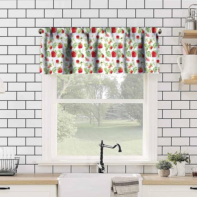 Watercolor Strawberry Curtain Valance, Sweet Red Fruit Green Leaf Kitchen Window Treatment for Dining Room Living Room Bedroom Resturant Party Home Decor, 54x18Inch