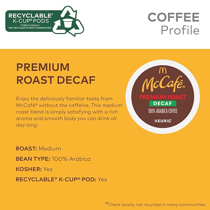 McCafe Premium Roast Decaf Coffee, Single Serve Keurig K-Cup Pods, Decaffeinated, 60 Count, (6 Packs of 10)