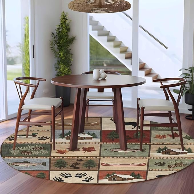 Washable Round Area Rug Vintage Bear Forest Deer Fish Village Circle Rugs Floor Carpet for Living Room Bedroom, Retro Wildlife Themes Soft Non Slip Round Rug 5ft