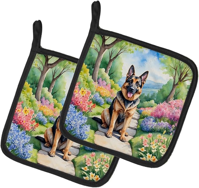 Caroline's Treasures German Shepherd Spring Path Pair of Pot Holders Kitchen Heat Resistant Pot Holders Sets Oven Hot Pads for Cooking Baking BBQ, 7 1/2 x 7 1/2