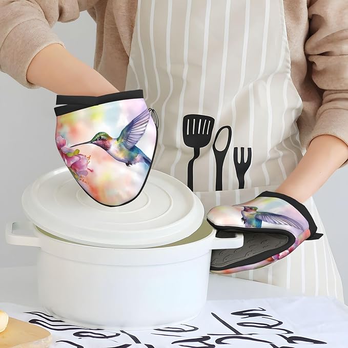 1 Pcs Mini Silicone Oven Mitts Cute Hummingbirds Heat Resistant Grill Gloves with Hanging Loop, Spring Pink Floral Short Kitchen Mittens for Cooking Baking BBQ