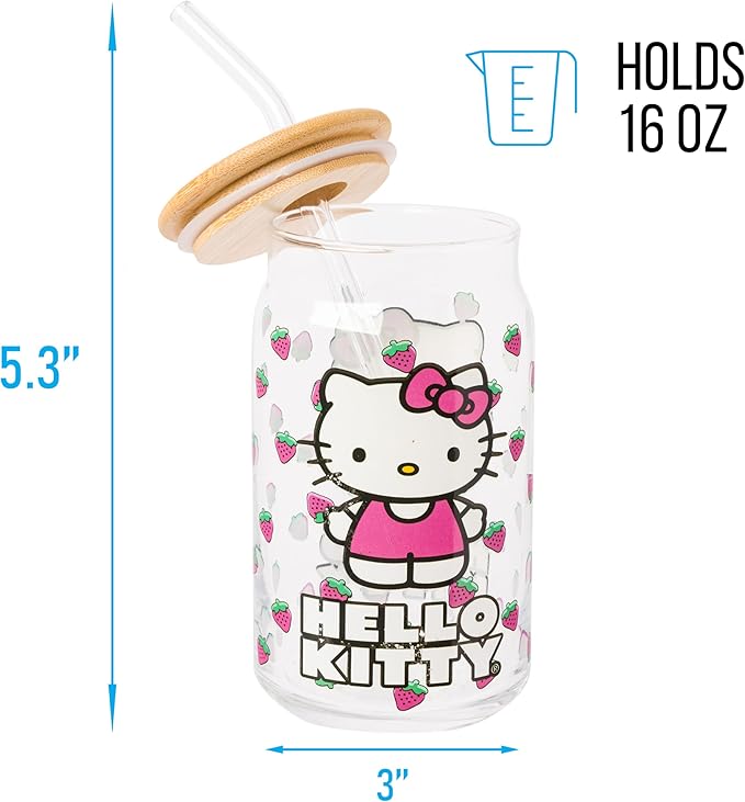 Silver Buffalo Sanrio Hello Kitty Strawberry Glass Jar Tumbler with Bamboo Lid and Glass Straw,16 Ounces,(Pack of 12)