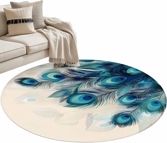 Washable Round Area Rug Abstract Animal Art Peacock Feather Circle Rugs Floor Carpet for Living Room Bedroom, Watercolor Blue Eyes Beige Soft Non Slip Round Rug 4ft