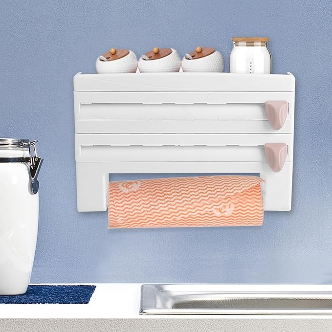 Wall - Mounted Kitchen Cling Film and Foil Storage Rack with Built - In Cutter, Paper Towel Holder, Aluminum Foil Dispenser for Home Cooking Organization (White)