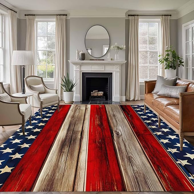 Area Rug 6x9ft, Vintage Stripes and Stars Washable Rugs for Living Room Bedroom, Patriotic 250th Anniversary Soft Non-Slip Area Rugs Rectangle Floor Carpet for Dining Room
