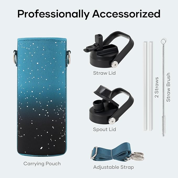 BUZIO 24 oz Insulated Water Bottle, Stainless Steel Wide Mouth Water Flask with Straw Lid, Cold for 48 Hrs Leak Proof Metal Hydro Thermo Canteen Mug, Dappled Navy Black