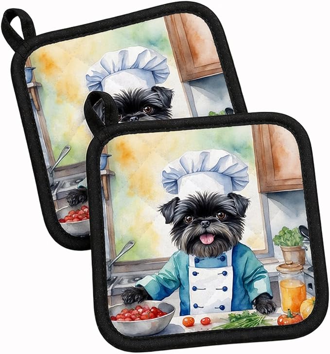 Caroline's Treasures Affenpinscher The Chef Pair of Pot Holders Kitchen Heat Resistant Pot Holders Sets Oven Hot Pads for Cooking Baking BBQ, 7 1/2 x 7 1/2