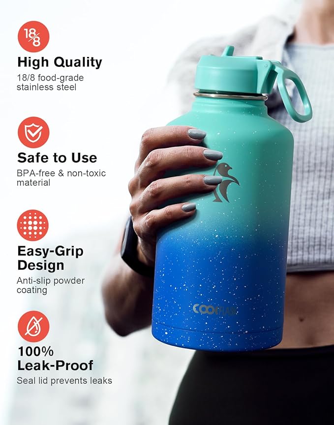 64 oz Water Bottle Insulated with Straw&3 Lids, Coolflask Half Gallon Water Jug Galaxy Large Metal Stainless Steel Vacuum Flask for Gym, Sports, Keep Cold 48H Hot 24H, Glacier Blue