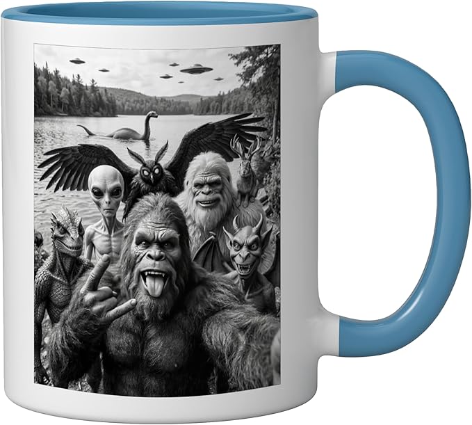Bigfoot Alien Loch Ness Monster UFO Cryptids Selfie Ceramic Mug, Blue/White