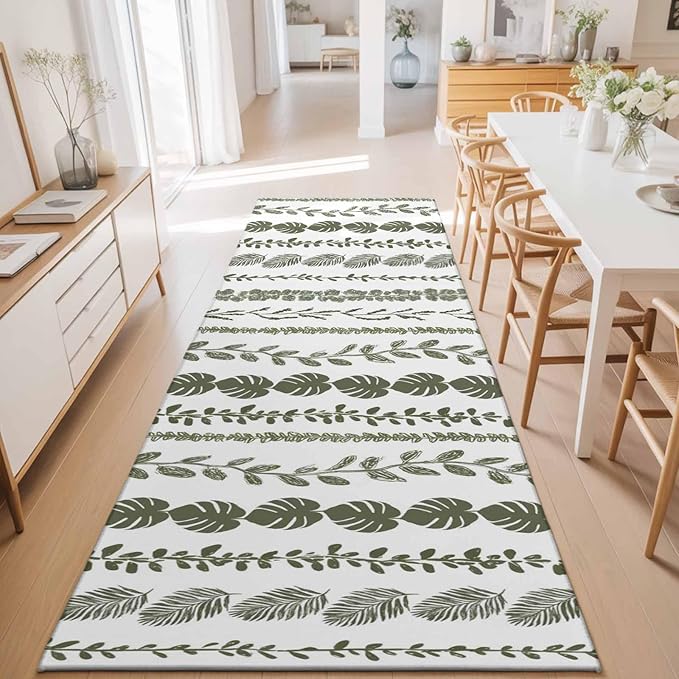 Runner Rug for Bedroom Hallway, Summer Tropical Leaf Seamless Kitchen Runner Rugs Area Rug 2x6ft, Farmhouse Green Leaves Plant Washable Soft Floor Carpet for Entryway Stair