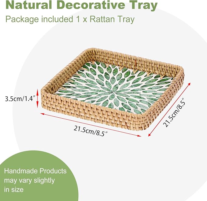 Woven Key Basket for Entryway Table Wicker Basket Tray Key Holder Decorative Serving Tray with Mother-of-Pearl Inlay for Jewelry, Green