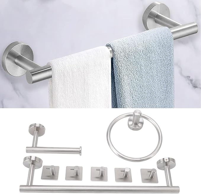 Tyenaza Towel Bar, Bathroom Hardware Set with Towel Rings Towel Bar Tissue Holder 5 Hooks 304 Stainless Steel, for Bathroom, Kitchen, Living Room