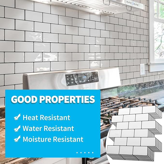 Art3d 10-Sheet Peel and Stick Backsplash Tile, Vinyl Stick on Wall Tile for Kitchen Bathroom Laundry Room, Subway Design 12" x 12" - White with Black Grout