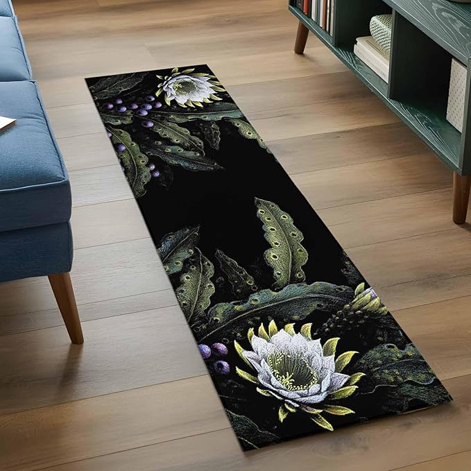 Runner Rug for Bedroom Hallway, Watercolor Flower Berry Leaves Kitchen Runner Rugs Area Rug 2x6ft, Botanical Plant Dark Style Washable Soft Floor Carpet for Entryway Stair