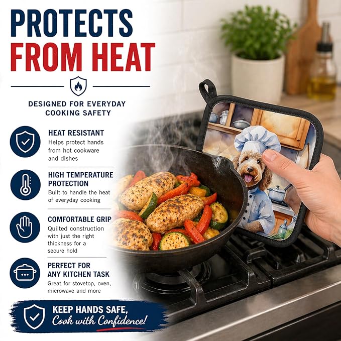 Caroline's Treasures Labradoodle The Chef Pair of Pot Holders Kitchen Heat Resistant Pot Holders Sets Oven Hot Pads for Cooking Baking BBQ, 7 1/2 x 7 1/2