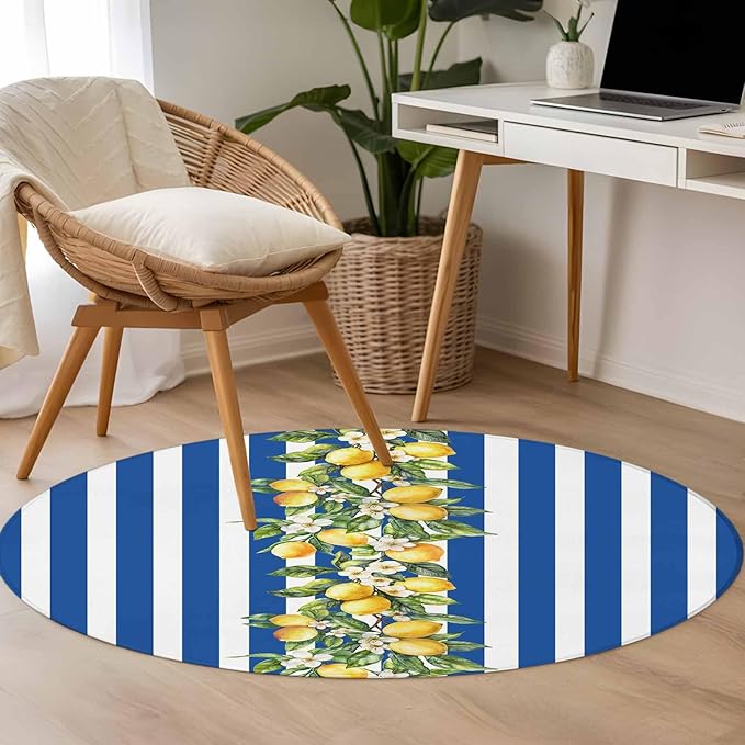 Washable Round Area Rug Summer Lemon Green Leaves Watercolor Circle Rugs Floor Carpet for Living Room Bedroom, Blue Stripe Soft Non Slip Round Rug 3ft