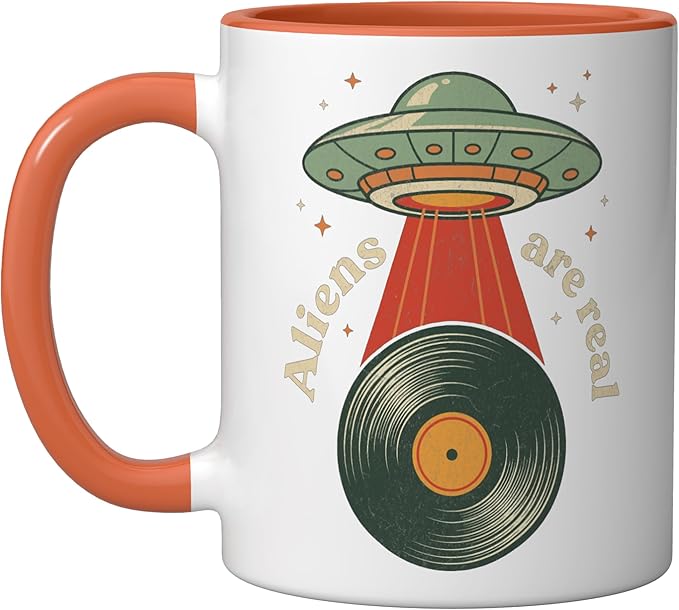 Vintage UFO Abduction Vinyl Record Player Retro Music Lover Ceramic Mug, Orange/White
