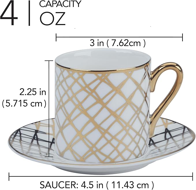 Matrix Gold Porcelain Espresso Cup & Saucer Set – 6 Assorted Modern Designs with Gold Plated Accents – Elegant Espresso Cups for Entertaining, Gift-Giving & Home Décor