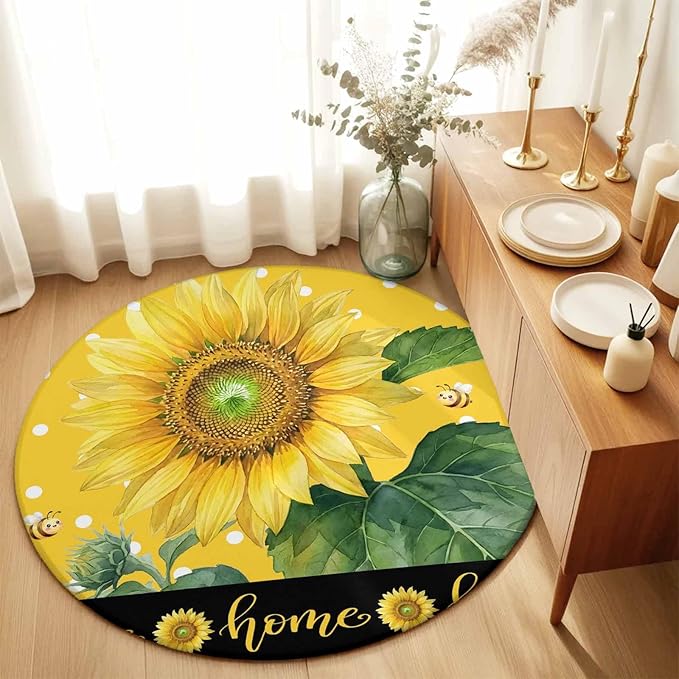 Washable Round Area Rug Summer Watercolor Sunflowers Bees Circle Rugs Floor Carpet for Living Room Bedroom, Farmhouse Floral Art Soft Non Slip Round Rug 5ft