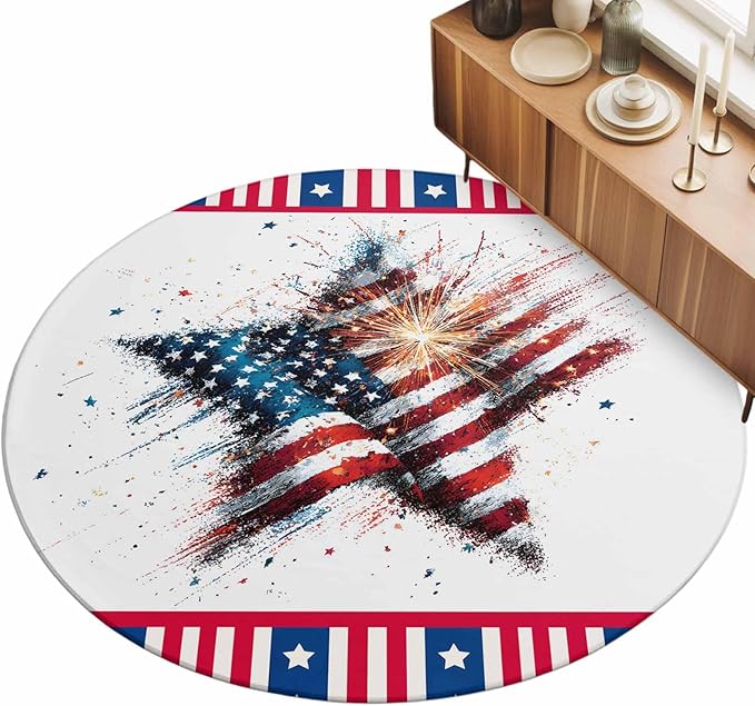 Washable Round Area Rug 4th of July Stars Stripes Abstract Flag Circle Rugs Floor Carpet for Living Room Bedroom, Patriotic Theme Soft Non Slip Round Rug 3ft