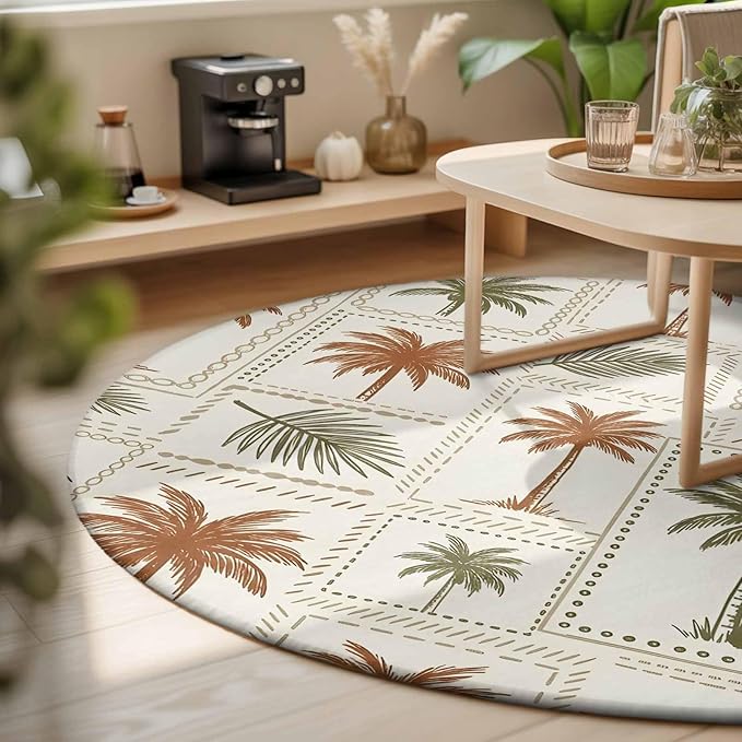 Washable Round Area Rug Vintage Coconut Tree Palm Leaves Circle Rugs Floor Carpet for Living Room Bedroom, Farm Tropical Plant on Beige Soft Non Slip Round Rug 3ft