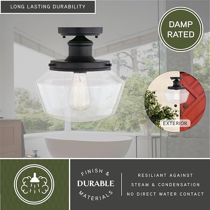 VAXCEL Collins Black Farmhouse Outdoor Flush Mount Ceiling Light Clear Schoolhouse Glass