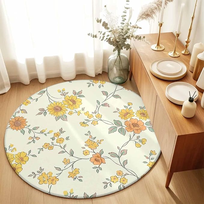 Washable Round Area Rug Orange Yellow Flowers Wild Vines Circle Rugs Floor Carpet for Living Room Bedroom, Watercolor Floral Soft Non Slip Round Rug 5ft