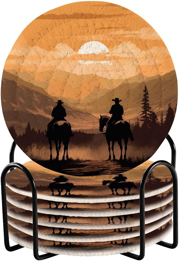 YETTASBIN Western Cowboy 6 Pcs Drink Coasters with Holder, Cotton Woven Absorbent Heat-Resistant Round Coaster Non-Slip Table Mat for Kitchen Bar Home Decor Housewarming Gift, 3.9 in