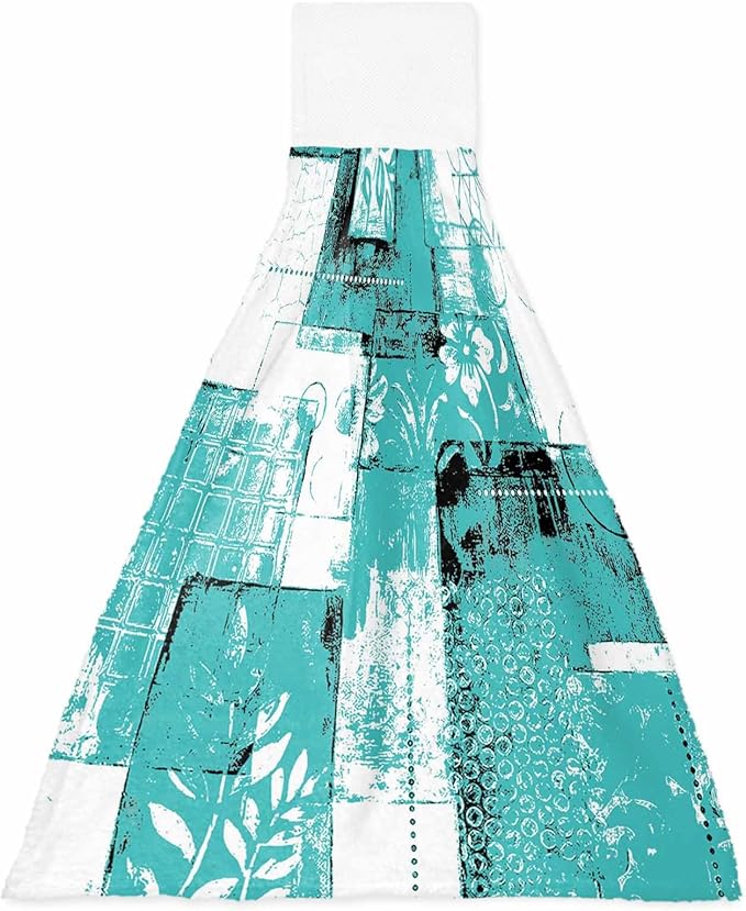 Alandar Home Kitchen Tie Towel Set of 1, Boho Abstract Geometric Texture Absorbent Soft Hand Towels for Bathroom Hanging Towels, Summer Leaves Turquoise Fast Drying Cleaning Cloth with Loop