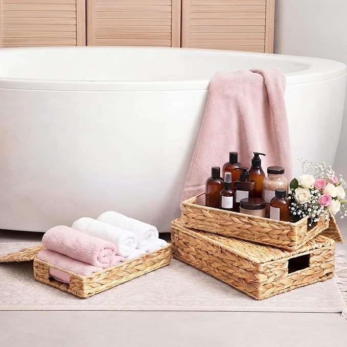 3 Pcs Wicker Storage Baskets with Lids 16" 14" 12" Water Hyacinth Pantry Baskets Woven Organizers Decorative Storage Boxes for Organizing Shelves, Bedroom, Living Room(Natural)