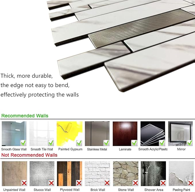 10-Sheet Peel and Stick Backsplash Tile, PVC Mixed Meta,l Stick on Kitchen, Bathroom Vanities, Fireplace Décor, Laundry Table(11.7" X 11.3") (White+Silver)