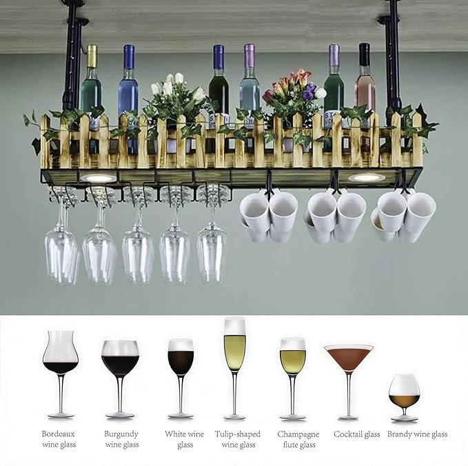 Ceiling Wine Rack Wall Mounted With Wine Glass Rack, 2-Tier Liquor Bar Bottles Display Shelf With LED Light Cups Hanging Holder For Dining Room Kitchen Living Room(Wall Mounted,39.4x9.8x8.27in)