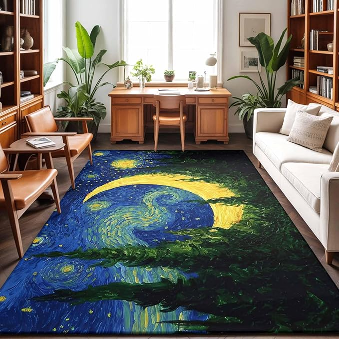 Area Rug 4x6ft, Giant Moon Forest Expressionist Art Washable Rugs for Living Room Bedroom, Dreamy Night Navy Blue Soft Non-Slip Area Rugs Rectangle Floor Carpet for Dining Room